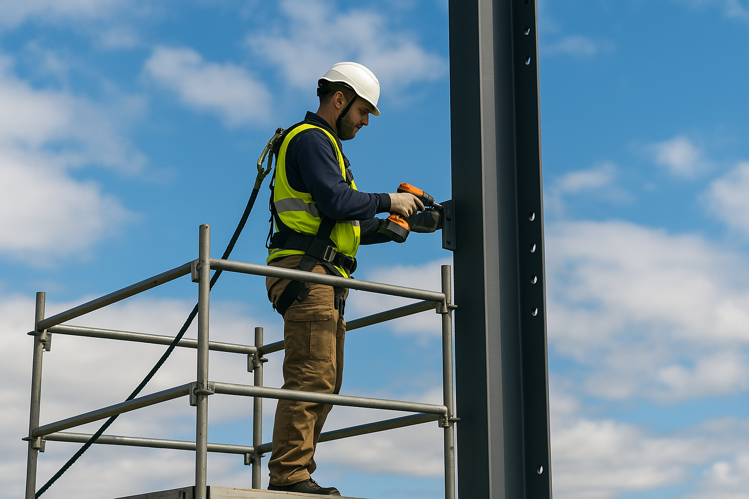 image of a construction worker wearing a harness and lanyard while working at height