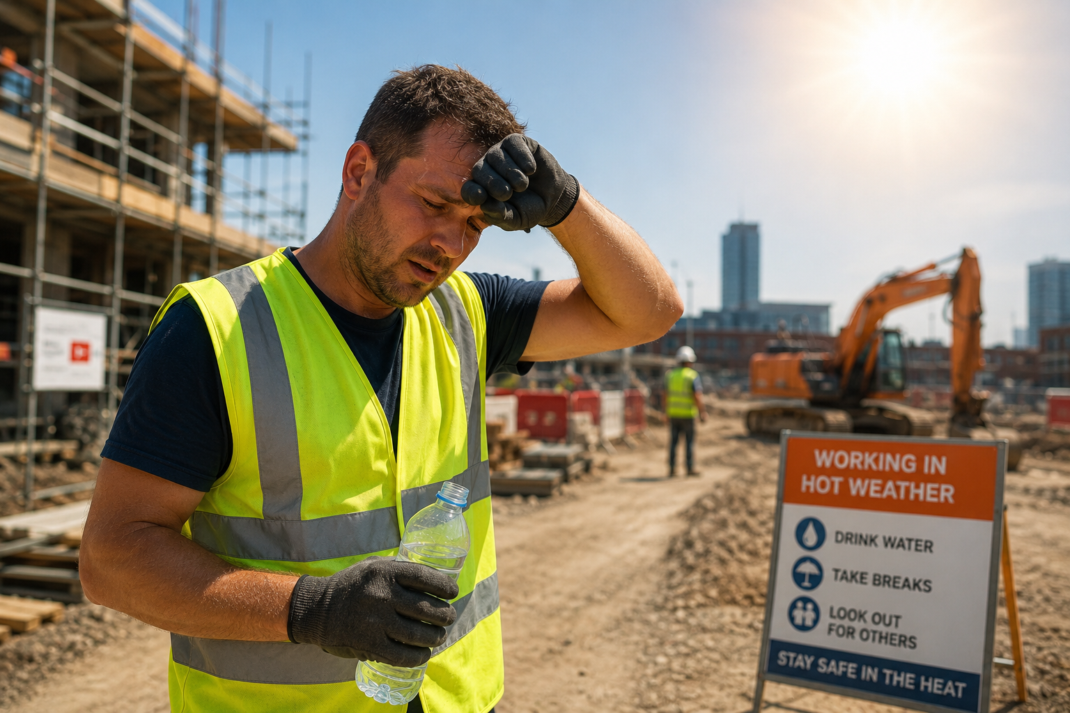 Employer reviewing health and safety documentation on a construction site in hot summer conditions — heat stress risk management UK