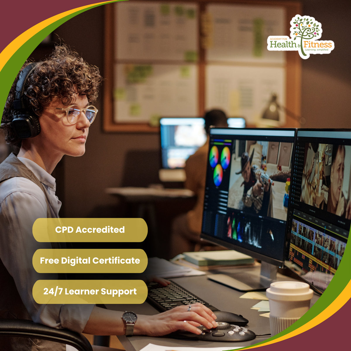 A person wearing glasses and a headset sits at a desk with multiple computer monitors in a training or studio environment. Promotional text on the left reads 'CPD Accredited', 'Free Digital Certificate', and '24/7 Learner Support', and a Health Fitness logo appears in the top right.
