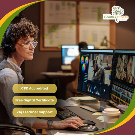 A person wearing glasses and a headset sits at a desk with multiple computer monitors in a training or studio environment. Promotional text on the left reads 'CPD Accredited', 'Free Digital Certificate', and '24/7 Learner Support', and a Health Fitness logo appears in the top right.