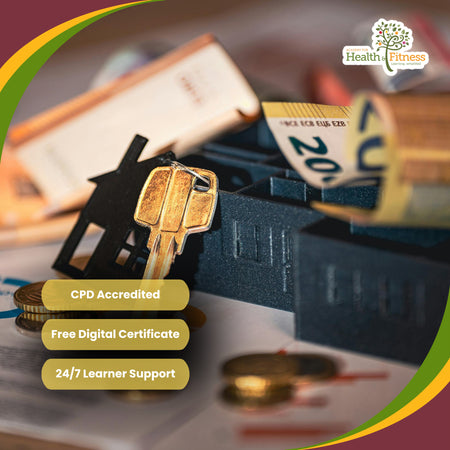 A promotional graphic for a health and fitness digital course, featuring a house-shaped lockbox with keys, coins, and banknotes. Three gold badges highlight key features: 'CPD Accredited', 'Free Digital Certificate', and '24/7 Learner Support'.