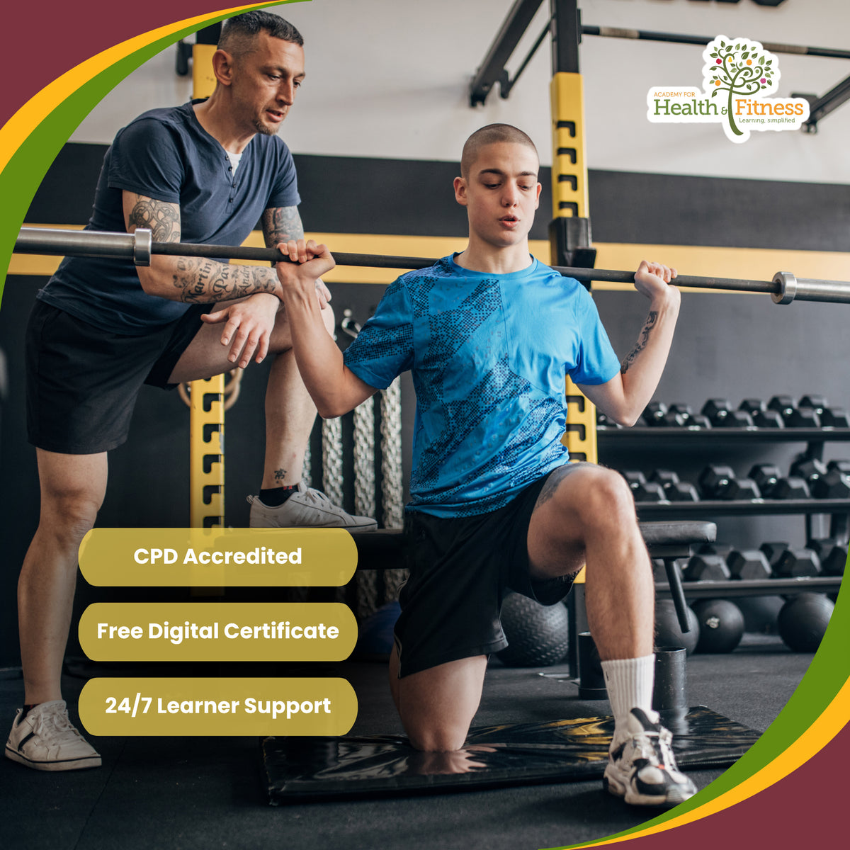 A fitness trainer in a navy shirt and black shorts guides a young male athlete through a barbell exercise in a gym. The image features promotional text badges on the left and a logo for 'Health Fitness' in the top right corner, with a green and gold circular graphic overlay at the bottom.