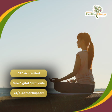 A promotional graphic for a health and fitness course featuring a woman in profile sitting in a meditative pose outdoors at sunset. The image includes graphic design elements with green, yellow, and orange curved borders, text badges reading 'CPD Accredited', 'Free Digital Certificate', and '24/7 Learner Support', and a 'Health Fitness' logo in the top right.
