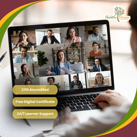 A person using a laptop to join a virtual classroom or online learning session, with multiple participants visible on the screen. The image includes marketing text badges reading 'CPD Accredited', 'Free Digital Certificate', and '24/7 Learner Support', plus a 'Health Fitness' logo in the top right.