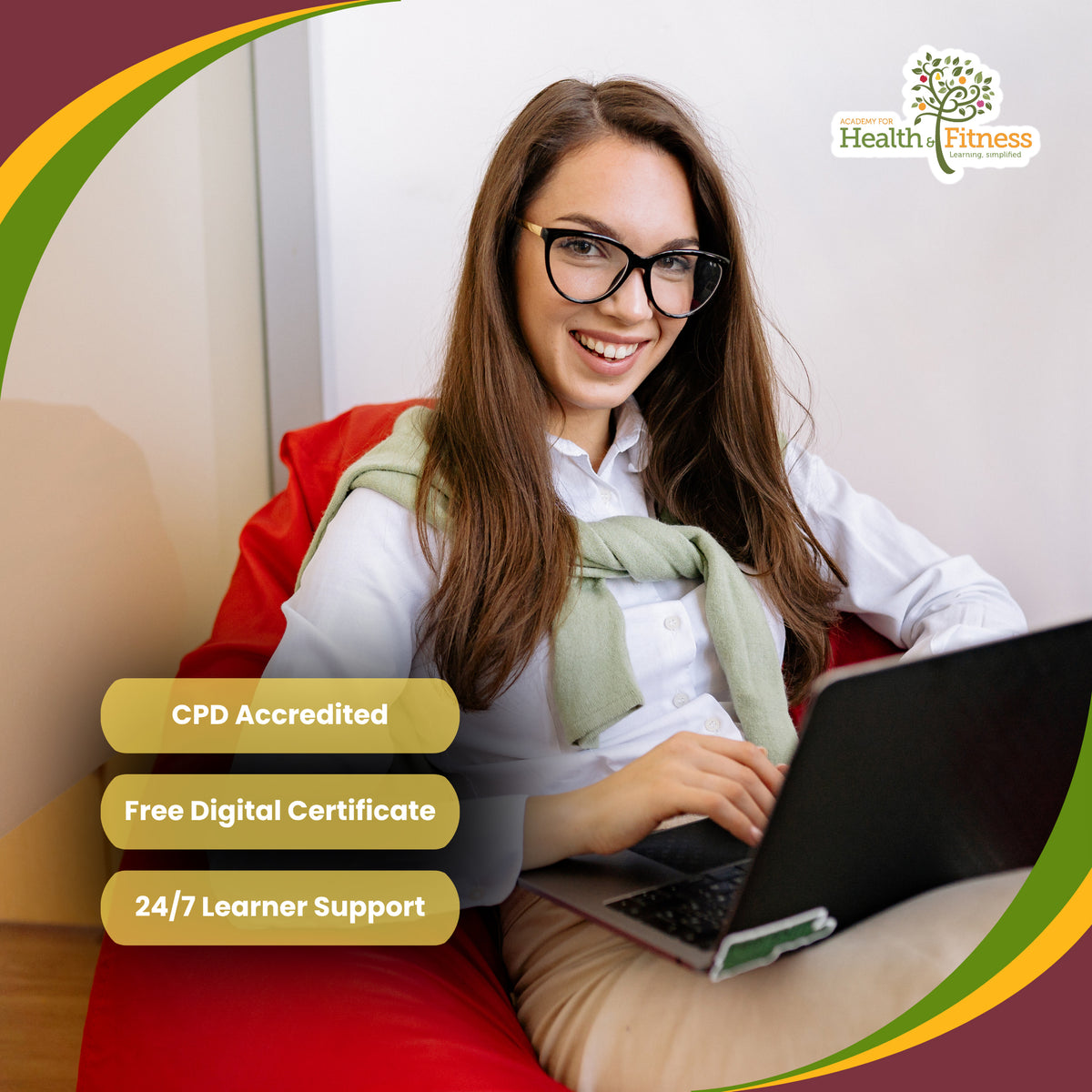 A smiling woman with glasses sits in a red beanbag chair, using a laptop. The image includes promotional text badges stating 'CPD Accredited', 'Free Digital Certificate', and '24/7 Learner Support', along with a 'Health Fitness' logo in the top right corner.
