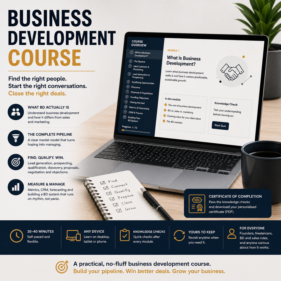 Promotional graphic for a business development course, featuring a laptop displaying course content, a notebook with a pen, a coffee mug, and text callouts on a light beige background.