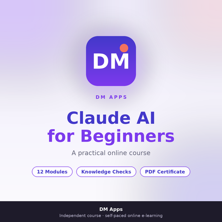 DM Apps Claude AI for Beginners course advertisement with logo and course details on a gradient background