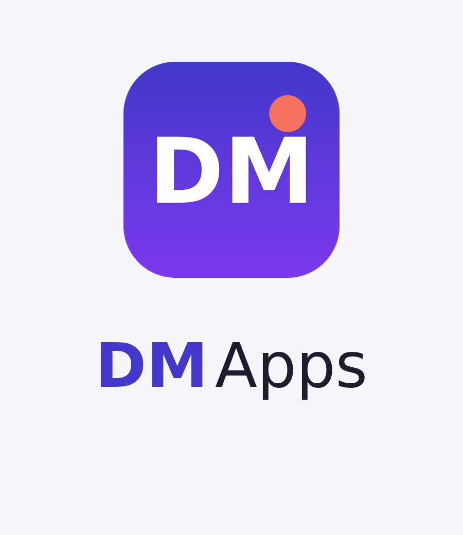 DM Apps logo with a purple square and 'DM' letters on a white background