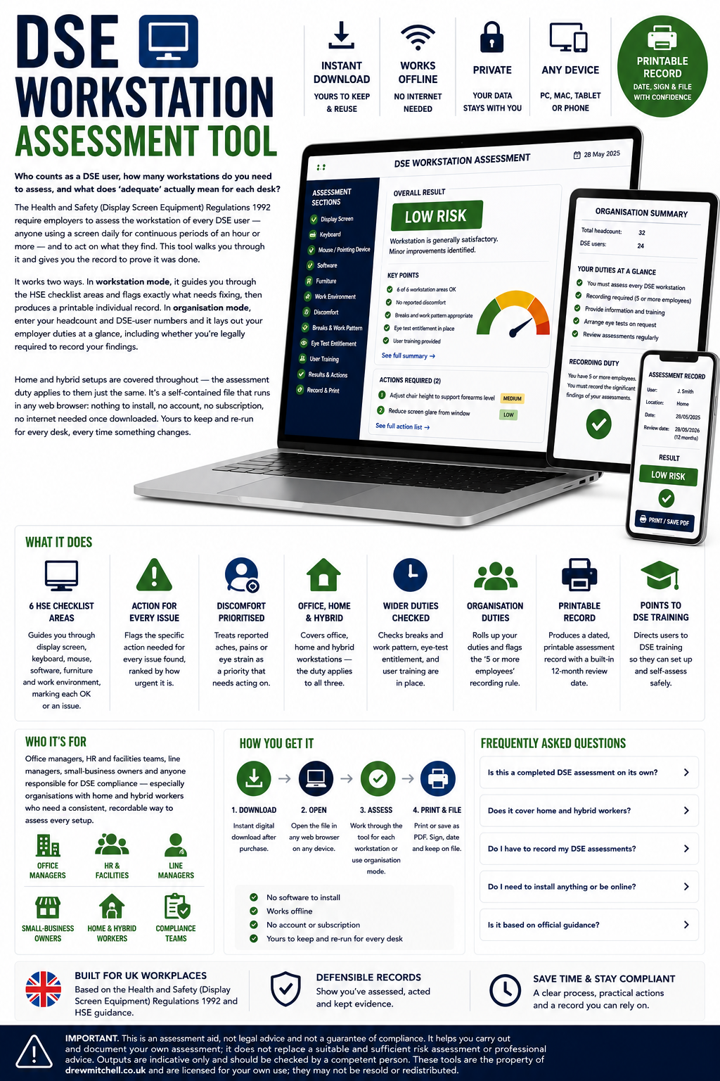 DSE Workstation Assessment Tool infographic with laptop, smartphone, and tablet displaying assessment software.