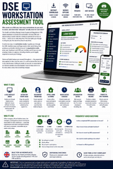 DSE Workstation Assessment Tool infographic with laptop, smartphone, and tablet displaying assessment software.