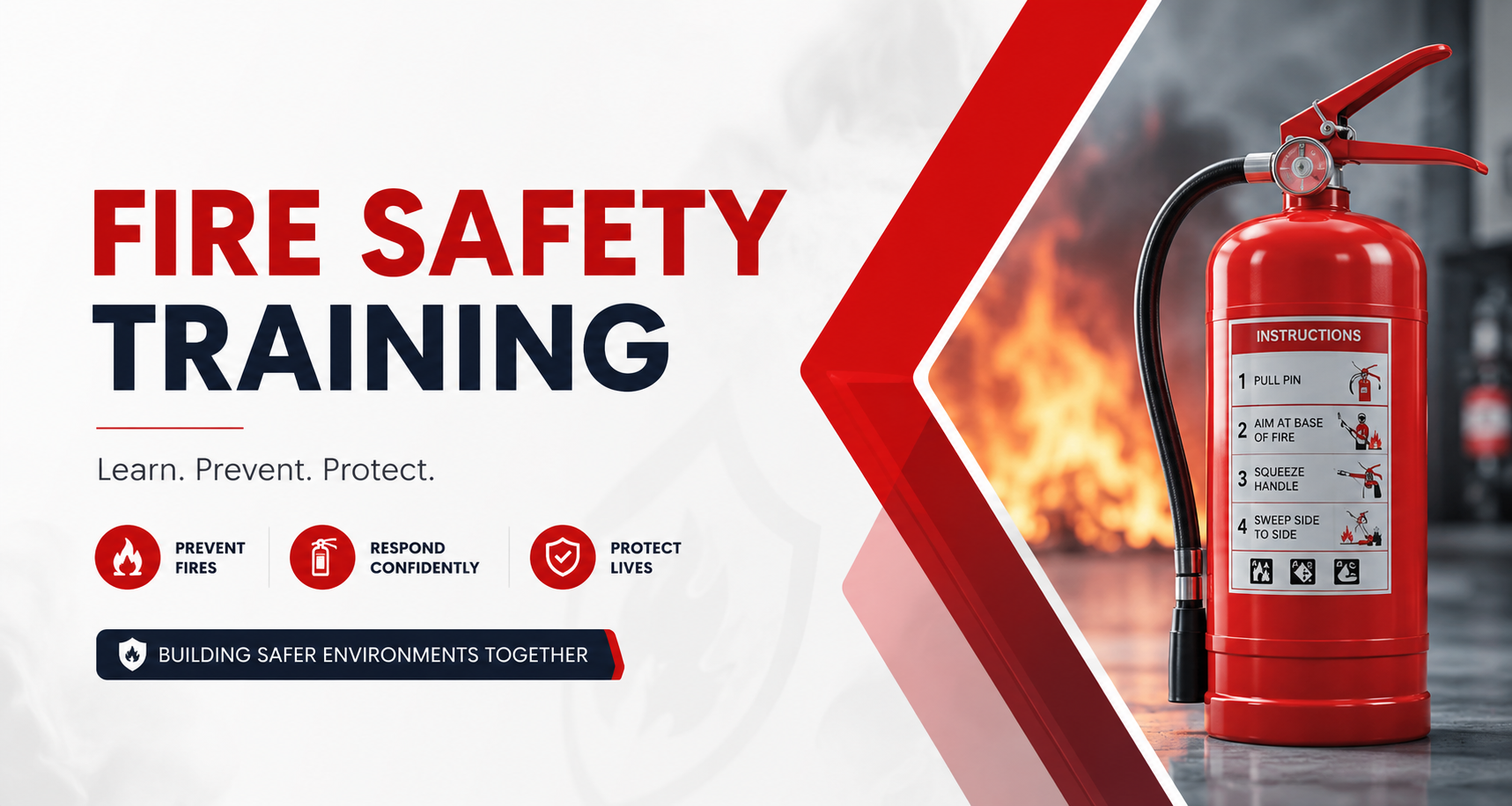 Fire extinguisher with fire safety training text and graphics on a white background