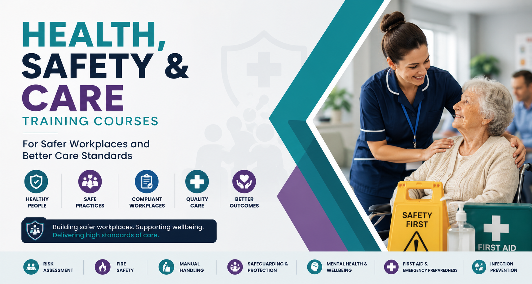 Advertisement for health, safety, and care training courses with a nurse assisting an elderly woman.