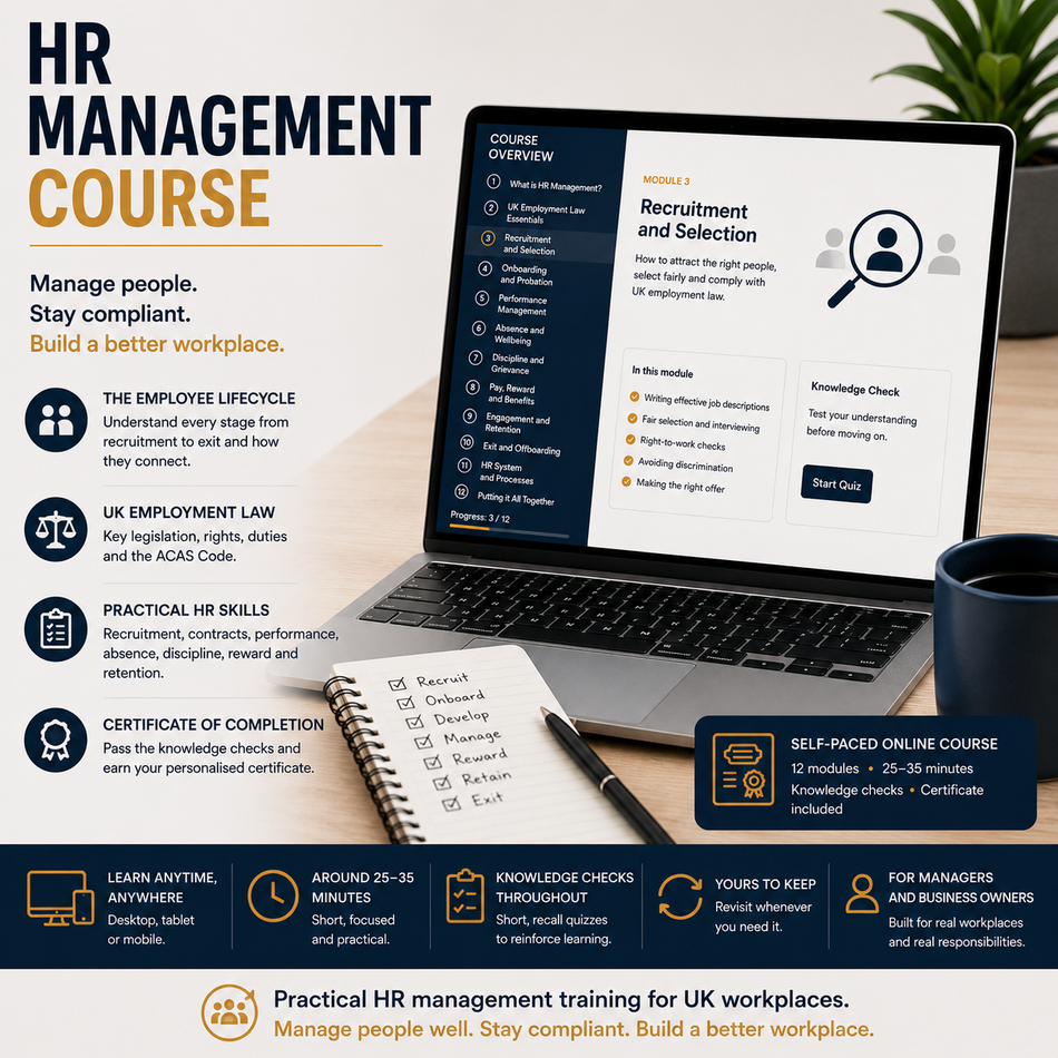 Promotional graphic for an HR Management Course, featuring a laptop displaying a course interface, a dark blue booklet titled 'People Process Performance', and informational text blocks on a light background.