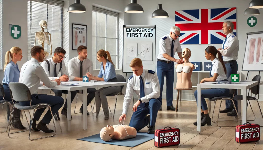 Group of people in a classroom setting with emergency first aid training materials and a British flag.