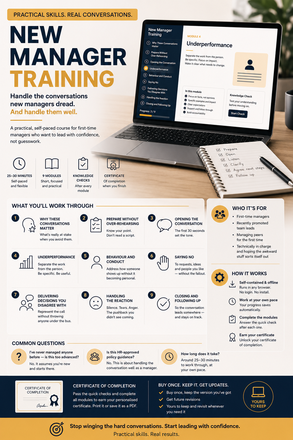 Advertisement for New Manager Training with a laptop and notebook on a desk.
