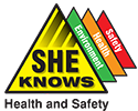 Logo of SHE KNOWS Health and Safety with a triangular design and text.