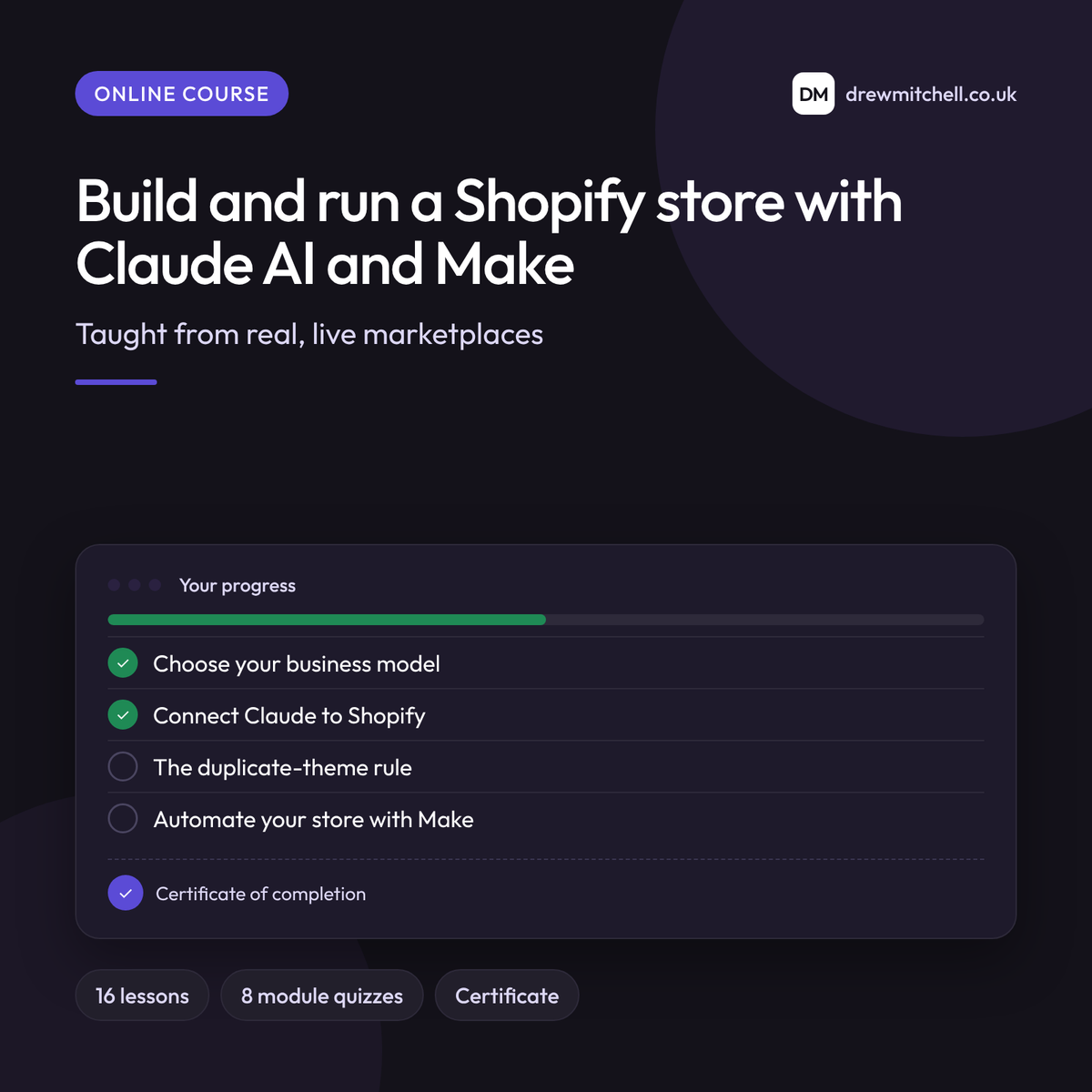 Build and Run a Shopify Store with Claude AI and Make: online course cover by DM Apps