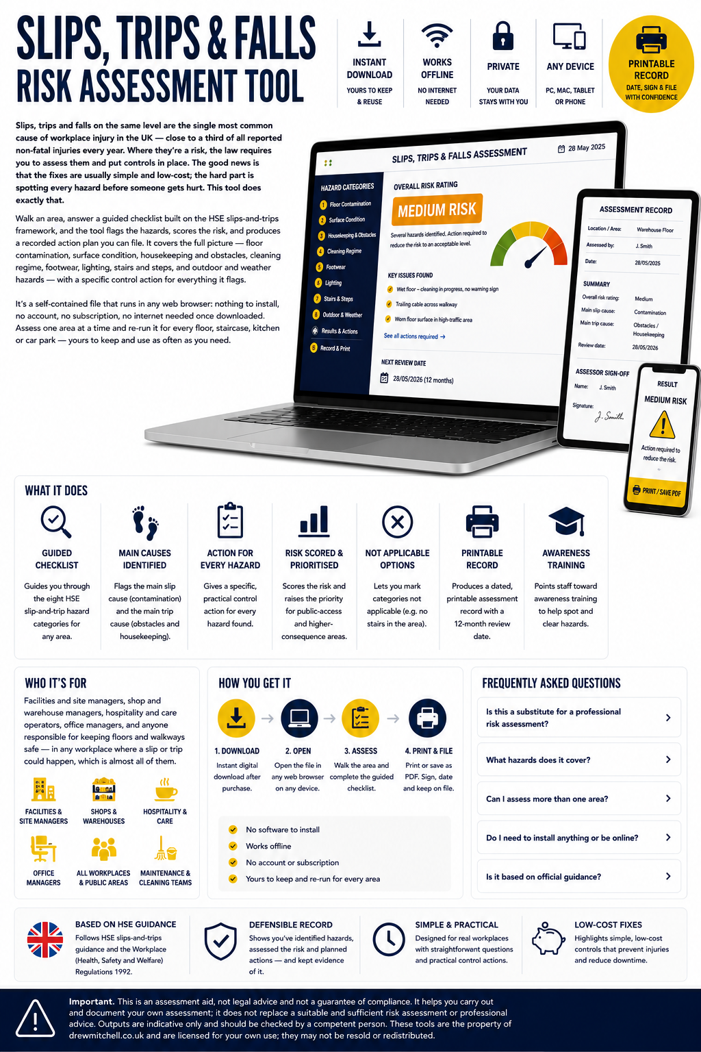 Slips, Trips & Falls Risk Assessment Tool with laptop, phone, and tablet on a white background