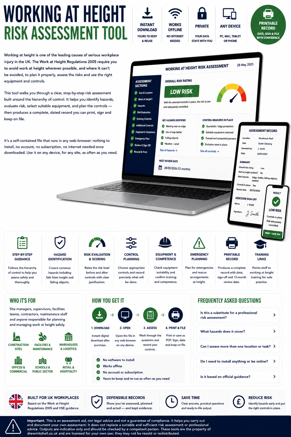 Working at Height Risk Assessment Tool with laptop, smartphone, and tablet displaying the tool.