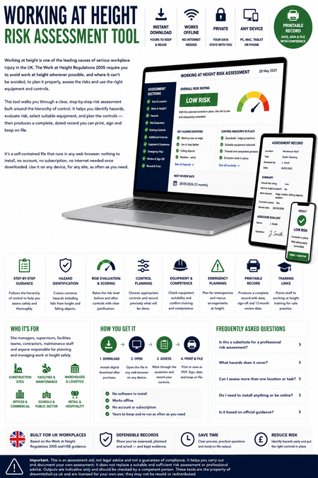 Working at Height Risk Assessment Tool with laptop, smartphone, and tablet displaying the tool.