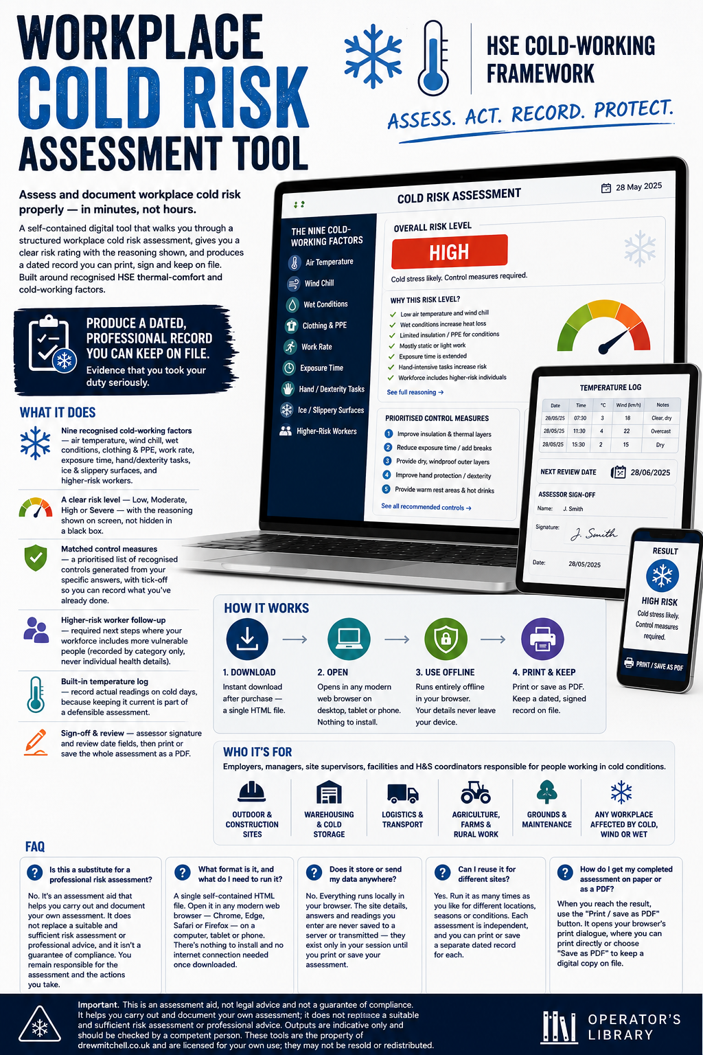 Workplace cold risk assessment tool infographic with a laptop and smartphone displaying the tool.