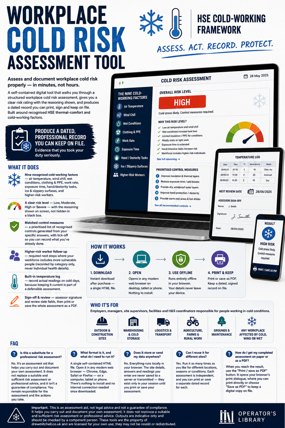 Workplace cold risk assessment tool infographic with a laptop and smartphone displaying the tool.